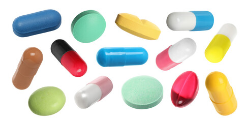 Many pills in different forms and colors isolated on white, collection