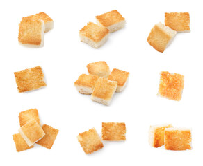 Delicious crispy croutons isolated on white, set