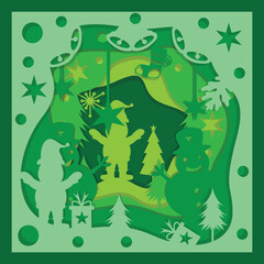 Hand drawn flat 3D Christmas Shadow BOX paper cut design