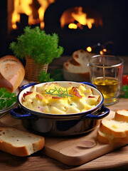 A tasty Tartiflette beautifully plated with garnish and a side of crusty bread