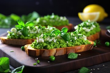 vegan bruschetta with smashed peas, mint and lemon zest