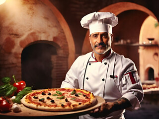 Taste of Italy. A pizzaiolo Chef from Naples Showcasing a Delicious Piping Hot Pizza. Copy Space. Neapolitan Gastronomy