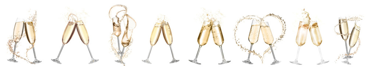 Glasses with sparkling wine clinking on white background, collection