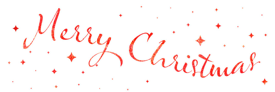 Glittery red text Merry Christmas on white background