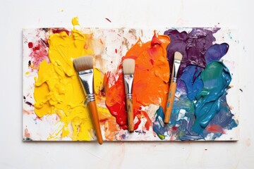 paint-filled palette with various paintbrushes against white canvas background