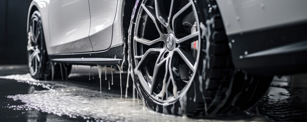 Sport car in white color covered with shampoo. Cleaning cars  detail on wheel. - obrazy, fototapety, plakaty