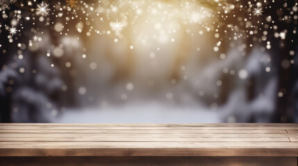 Wooden table against christmas background with snowflakes and fir trees