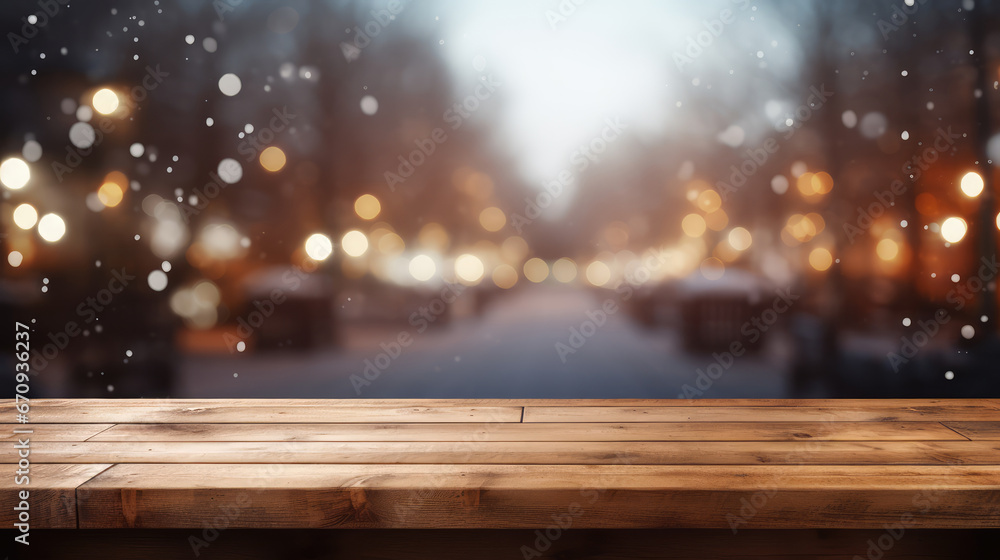 Poster wooden table in front of blurred background with bokeh lights