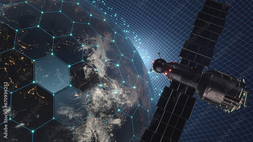 Poster concept data transfer. artificial satellite of the earth. a satellite flying in space over the globe