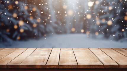 Wooden table against snowy landscape with fir trees and snowflakes