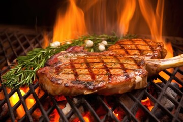 veal chops on a grill with flame