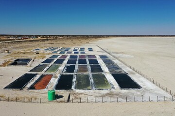 The salt pans of Zutshwa and its salt production pools in the Kgalagadi District, Botswana, Africa