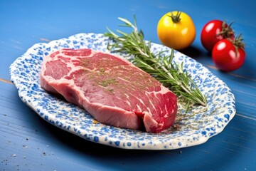 Fototapeta premium raw herb-encrusted steak on blue ceramic plate