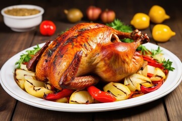 beautifully plated roasted marinated turkey with fresh vegetables