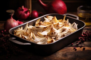 maitake mushrooms filled with camembert in a dark roasting dish