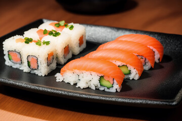 japanese cuisine. sushi and rolls on the table in the restaurant. Generative AI