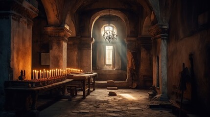 Naklejka premium Ancient chapel interior with dim light and some ruins,