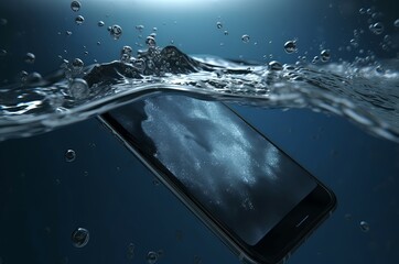 Phone in blue water splashing. Screen device cell digital. Generate Ai - obrazy, fototapety, plakaty