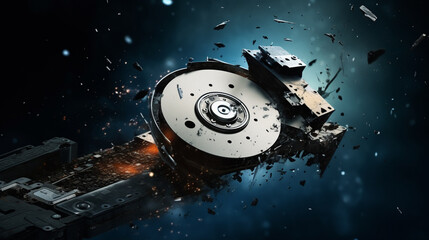 The old hard disk drive is disintegrating in space. Conception of passage of time. generative ai