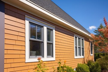 trim detail on a wood-shingle house with window shutters