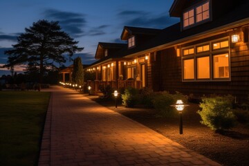 Fototapeta na wymiar outdoor lighting fixtures on a wood-shingle house at dusk