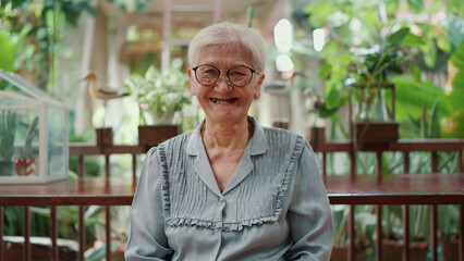 Portrait of happy asian elderly older grandmother sitting at home smiling and looking at camera. Elderly older lifestyle, Aged people and relaxation concept