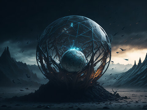 Magic ball, prediction, fantasy, future, gloomy destroyed world, darkness, dark planet. AI