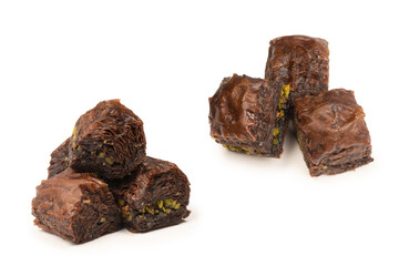 Turkish chocolate baklava isolated on white background.