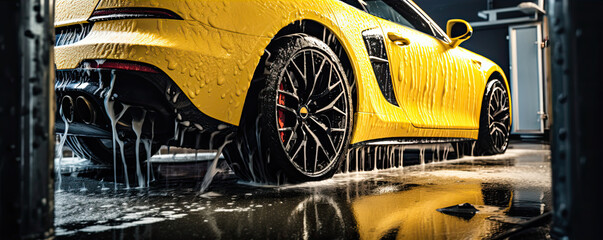 Yellow modern car in carwash. Sport car cleaning, wheel detail. - obrazy, fototapety, plakaty
