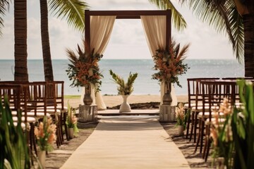 Fototapeta na wymiar an exotic beach wedding decor featuring chairs, flowers, and aisle