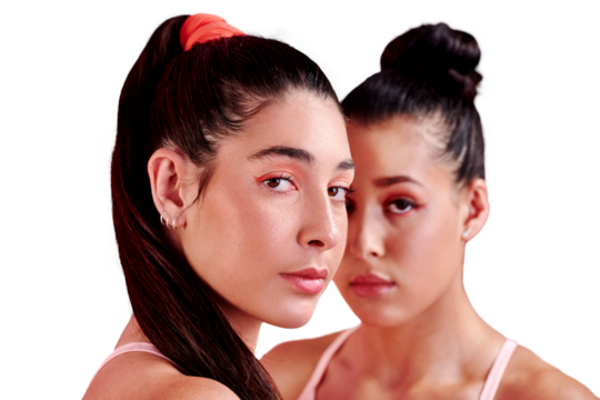 Portrait, exercise and friends with sports women isolated on a transparent background for health or training. Face, fitness and focus with young female athletes on PNG for health or training together