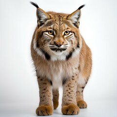 Obraz premium Eurasian lynx. Lynx isolated on white background with shadow. Eurasian lynx looking into the camera. Big cat wildlife