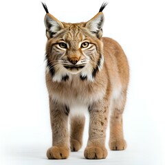 Eurasian lynx. Lynx isolated on white background with shadow. Eurasian lynx looking into the camera. Big cat wildlife
