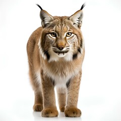 Eurasian lynx. Lynx isolated on white background with shadow. Eurasian lynx looking into the camera. Big cat wildlife
