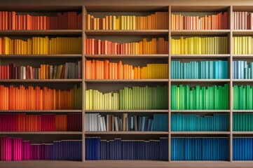 Colorful folders wooden bookshelves. Report organize stack color. Generate Ai - obrazy, fototapety, plakaty