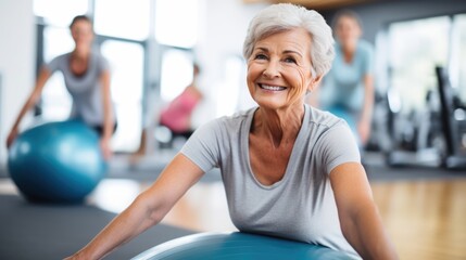 Active senior women doing pilates with soft ball in gym.