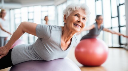 Active senior women doing pilates with soft ball in gym.