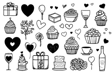 Vector illustrations with drawings for valentine's day. sketch set of hand drawn design elements for valentines, gift tags, greeting cards.
