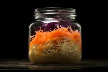 Salted sauerkraut jar on wooden table. Cuisine marinated healthy sour nutrition. Generate Ai