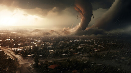 tornado or hurricanes destruction along its path toward fictitious city flying debris. generative ai