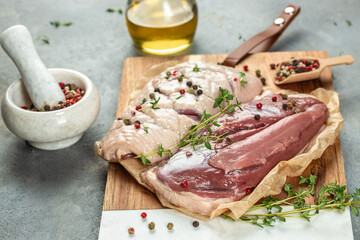 Raw duck breast with spices, Culinary, cooking, bakery concept. place for text, top view