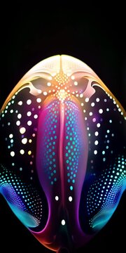 Maritime cuttlefish constructed from round dots on a black background, neon colors