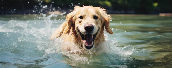 Foto op Canvas Happy dog swimm in river. Dog play in water. banner © Alena