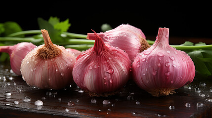  pink garlic on a wooden table