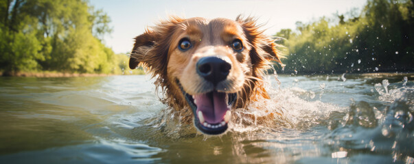 Happy dog swimm in river. Dog play in water. banner