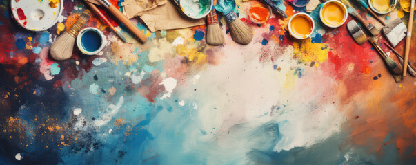 Painter tools for artist. Colorful paint pallete.