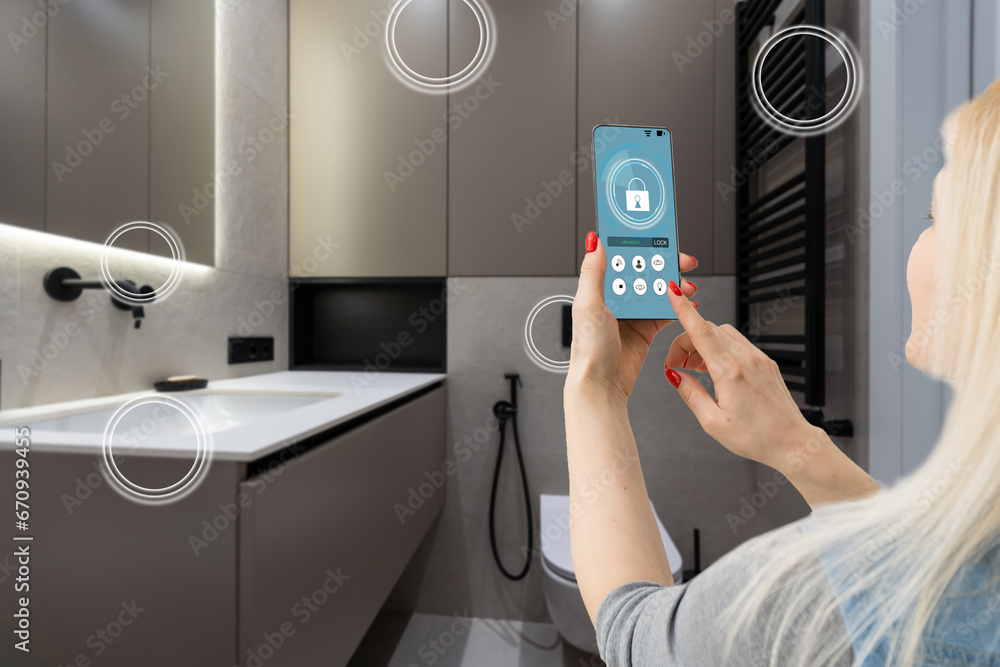 Poster smart home technology, iot internet of things interface on smartphone app screen connected objects i
