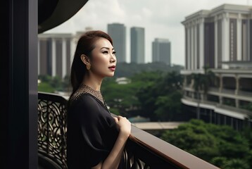Fototapeta premium Singapore view woman on balcony hotel. Tourism famous lux vacation scenic. Generate Ai