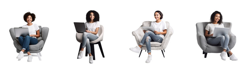 Set of Portrait of full body young woman happy smiling and sit chair using laptop computer, isolated on white background, png - obrazy, fototapety, plakaty