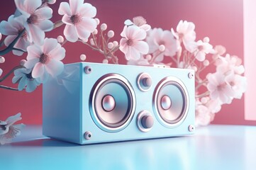 Stereo surrounded speaker with pink flowers. Musical sound amplifier sound assistant. Generate Ai